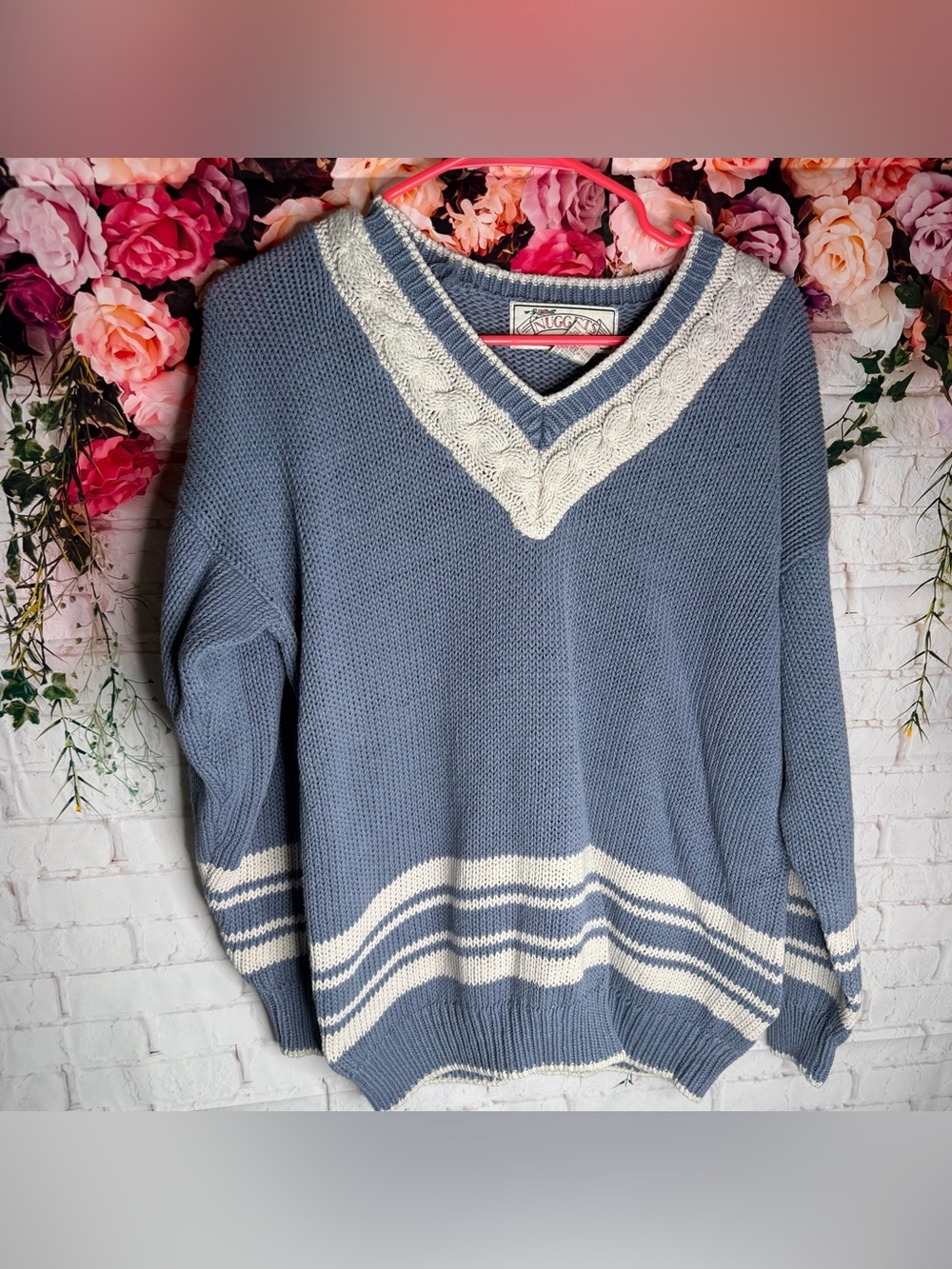 Vintage Dusty Blue V-Neck Striped Trim Sweater